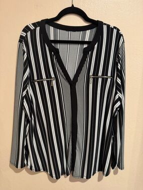 Macy's Black and White Vertical Stripe V-Neck Blouse with Zip Pockets